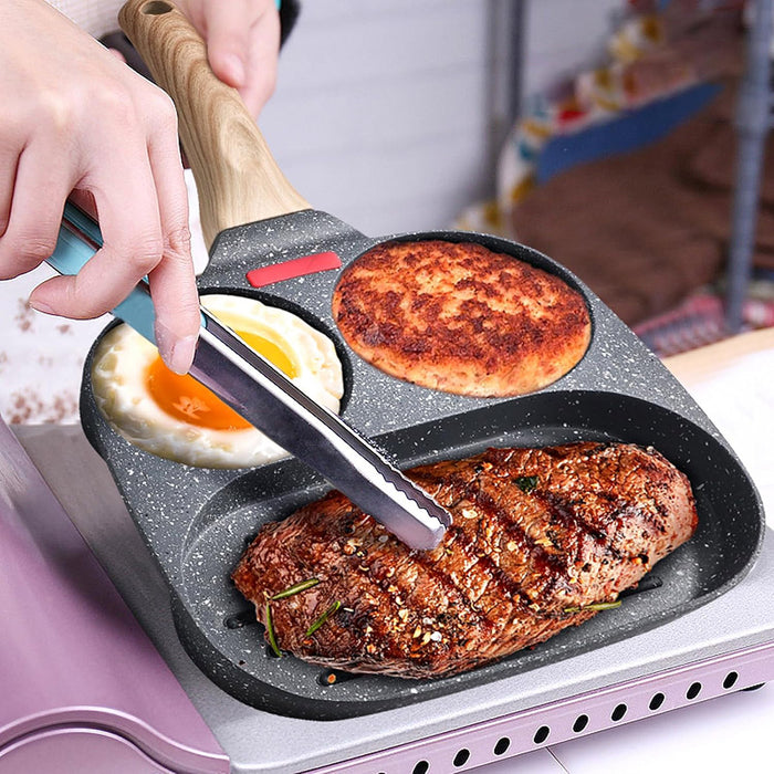 3-Hole Non-Stick Breakfast Frying Pan with Wooden Handle
