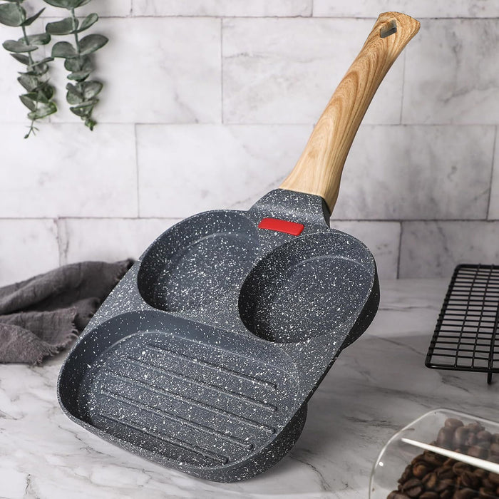 3-Hole Non-Stick Breakfast Frying Pan with Wooden Handle