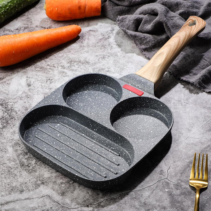 3-Hole Non-Stick Breakfast Frying Pan with Wooden Handle