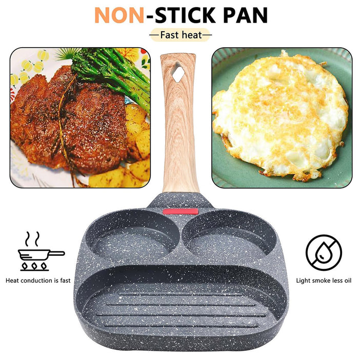 3-Hole Non-Stick Breakfast Frying Pan with Wooden Handle