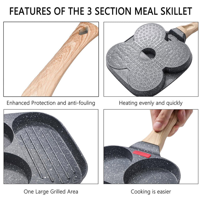 3-Hole Non-Stick Breakfast Frying Pan with Wooden Handle