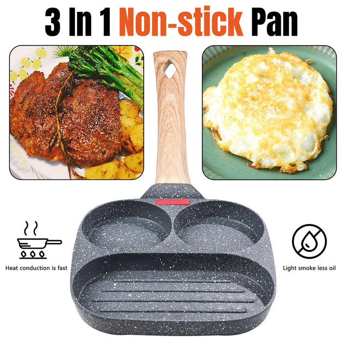 3-Hole Non-Stick Breakfast Frying Pan with Wooden Handle