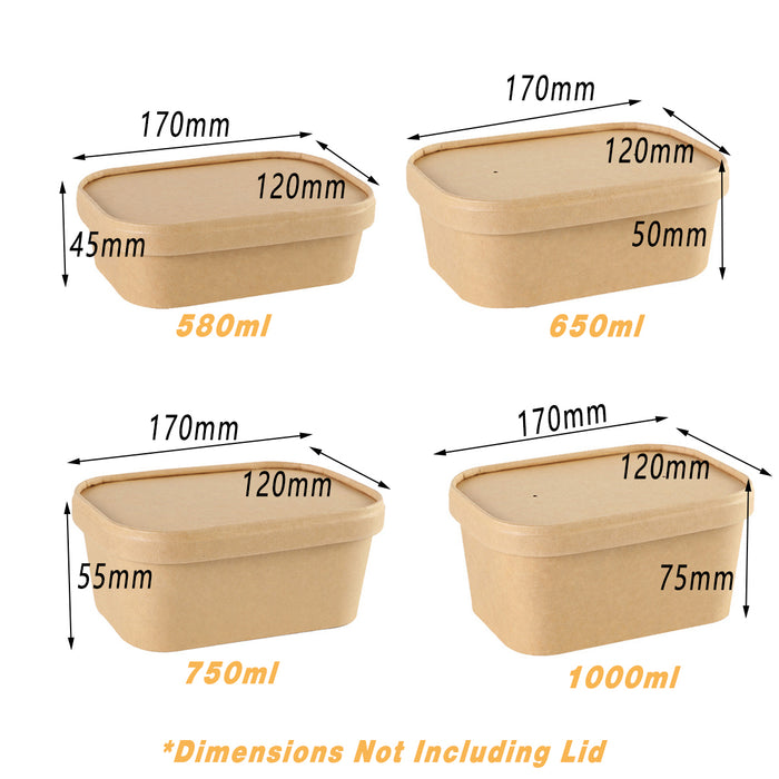 50 Pcs Kraft Paper Lunch Boxes with Lids Microwave Freezer Safe 580-1000 ml