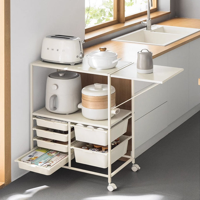 Movable Multilayer Side Table with Foldable Extension and Drawers