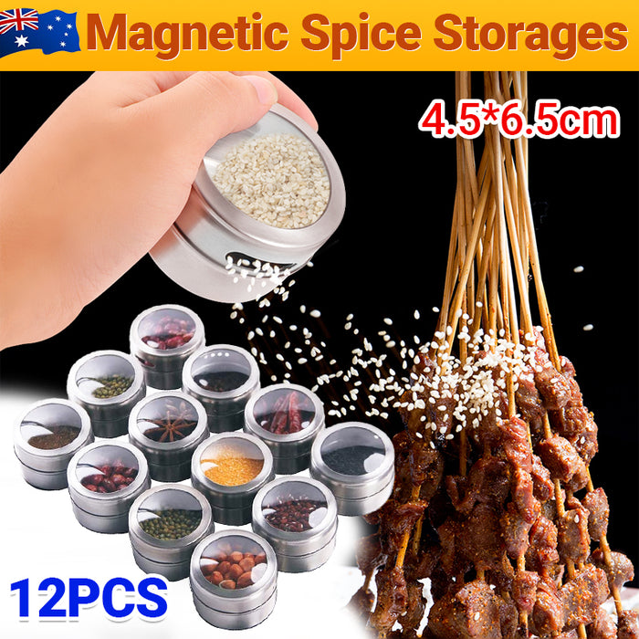 12Pcs Magnetic Stainless Steel Spice Storage Jars with Clear Lids