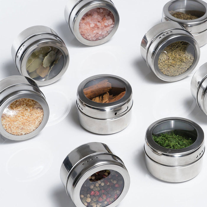 12Pcs Magnetic Stainless Steel Spice Storage Jars with Clear Lids