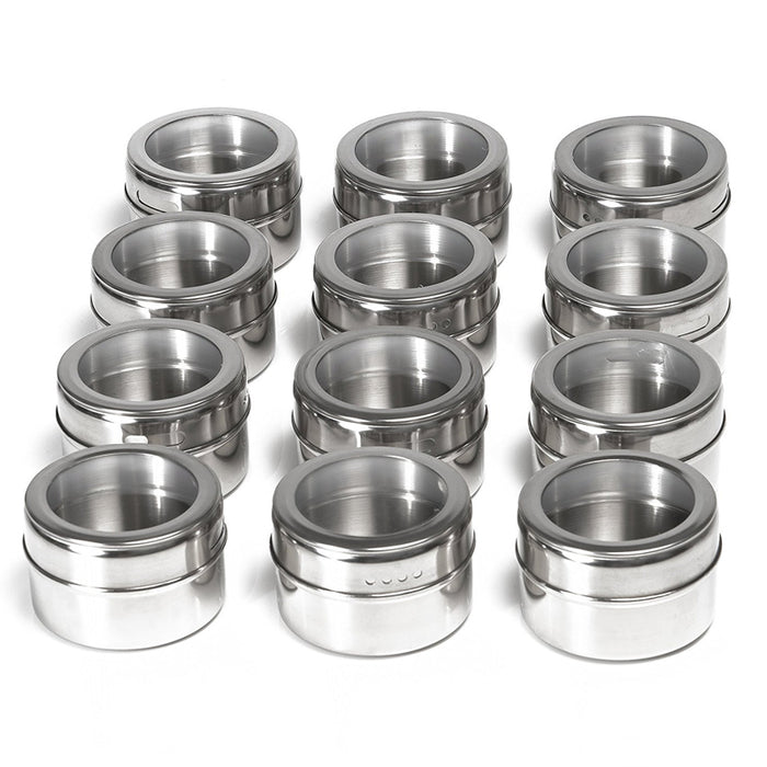 12Pcs Magnetic Stainless Steel Spice Storage Jars with Clear Lids
