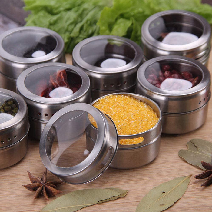 12Pcs Magnetic Stainless Steel Spice Storage Jars with Clear Lids
