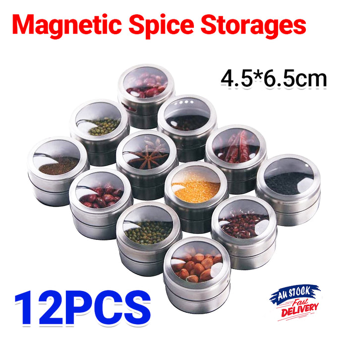 12Pcs Magnetic Stainless Steel Spice Storage Jars with Clear Lids