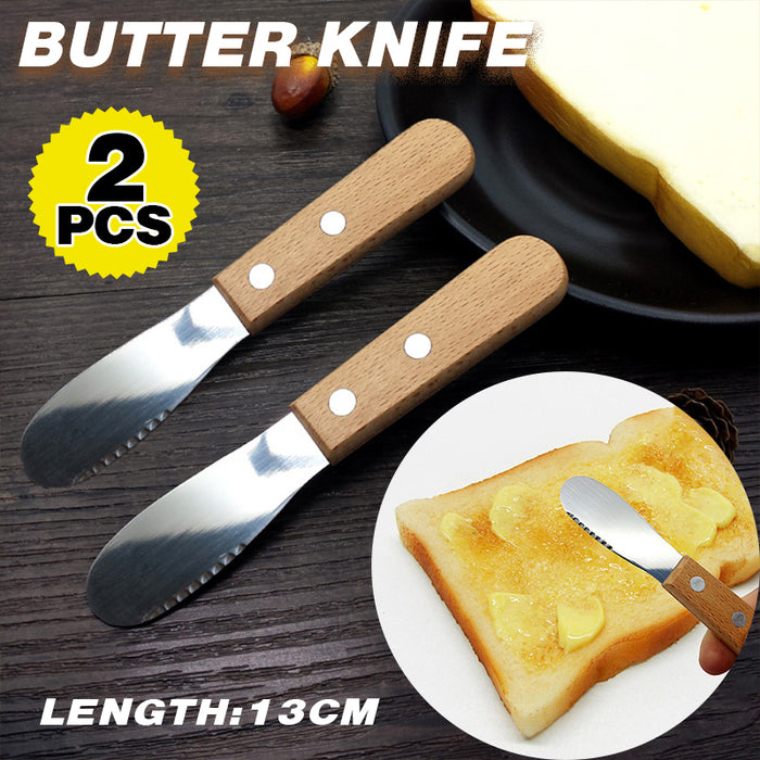 2 Pcs Butter Knife Spreader Stainless Steel Wood Handle 13cm