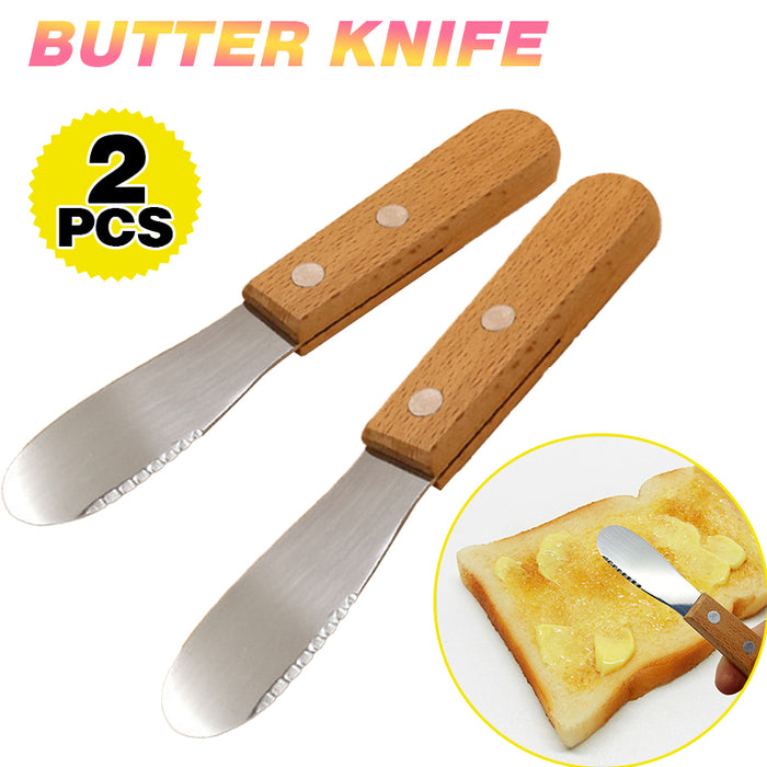 2 Pcs Butter Knife Spreader Stainless Steel Wood Handle 13cm