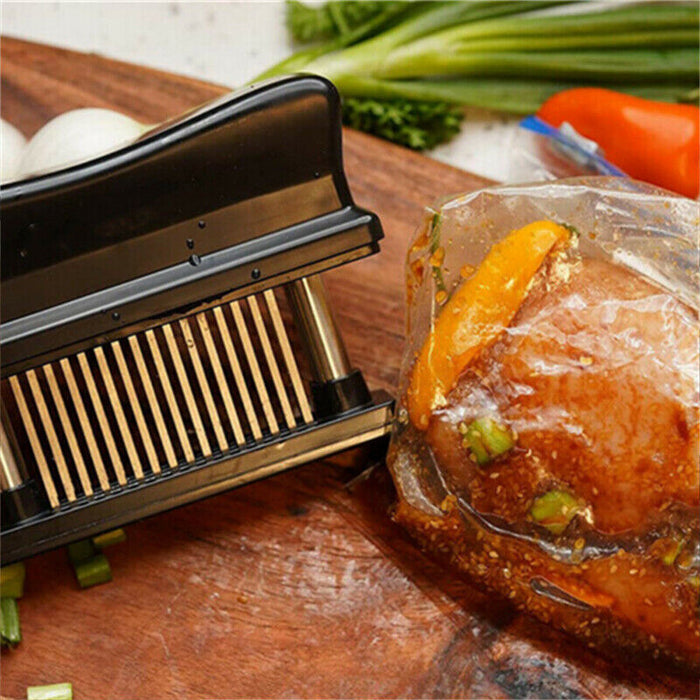 Stainless Steel Meat Tenderizer Needle Tool with 21 Prongs and Safety Lock Black