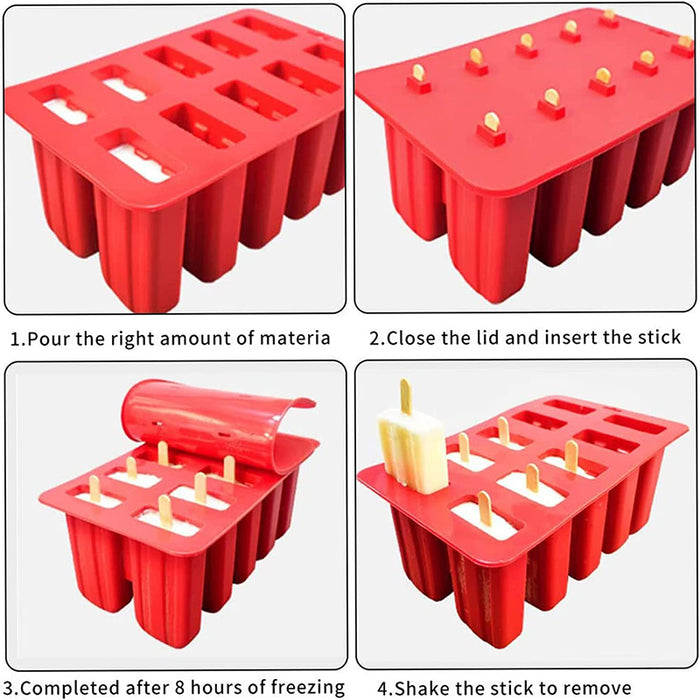 Ice Pop Mold Set with 10 Cells BPA-Free Silicone Red