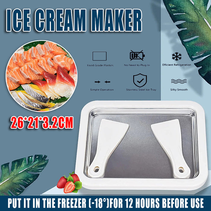 Rolling Ice Cream Pan Stainless Steel with 2 Spatulas, 26x21x3cm