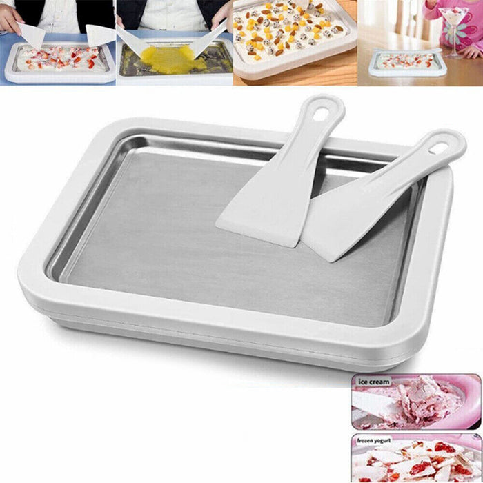 Rolling Ice Cream Pan Stainless Steel with 2 Spatulas, 26x21x3cm