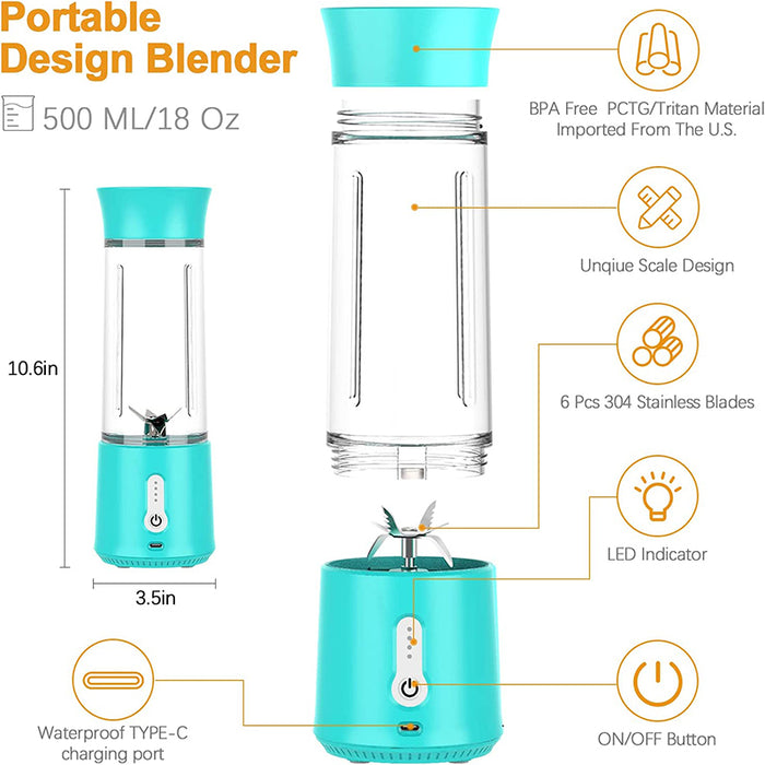 Portable USB Blender, 150W, 6 Blades, 500ml Capacity, Rechargeable Lithium Battery