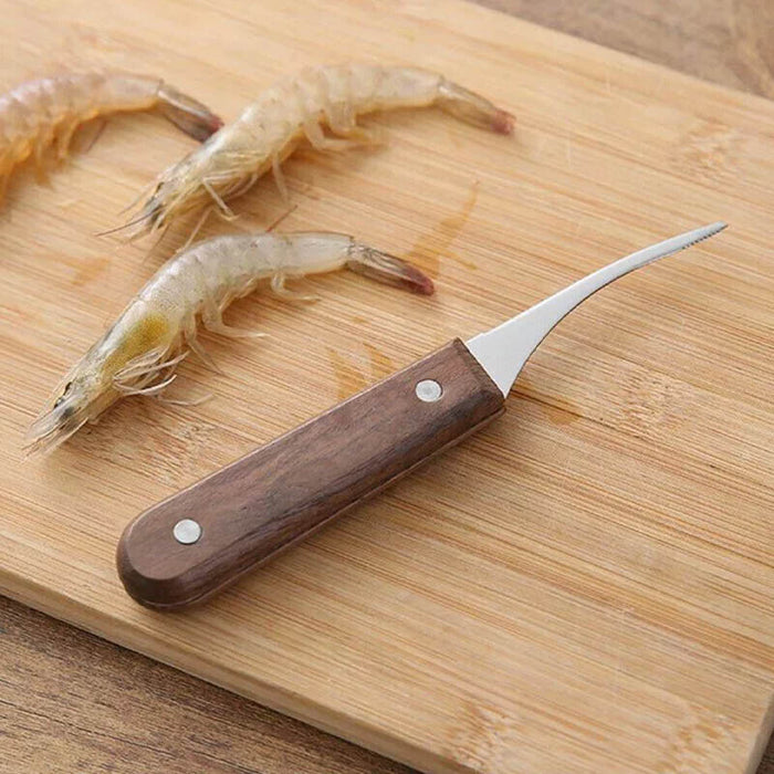 Stainless Steel Shrimp Peeler Tool with Wooden Handle for Seafood