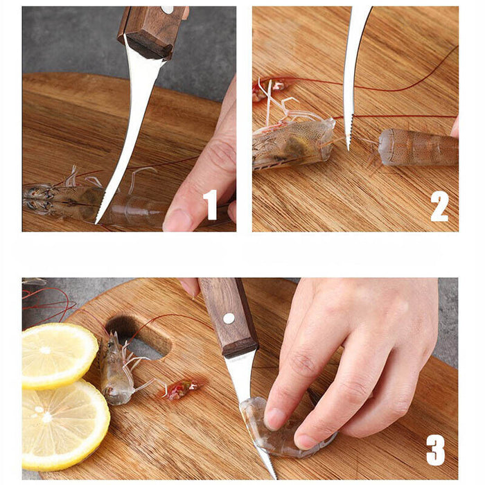 Stainless Steel Shrimp Peeler Tool with Wooden Handle for Seafood