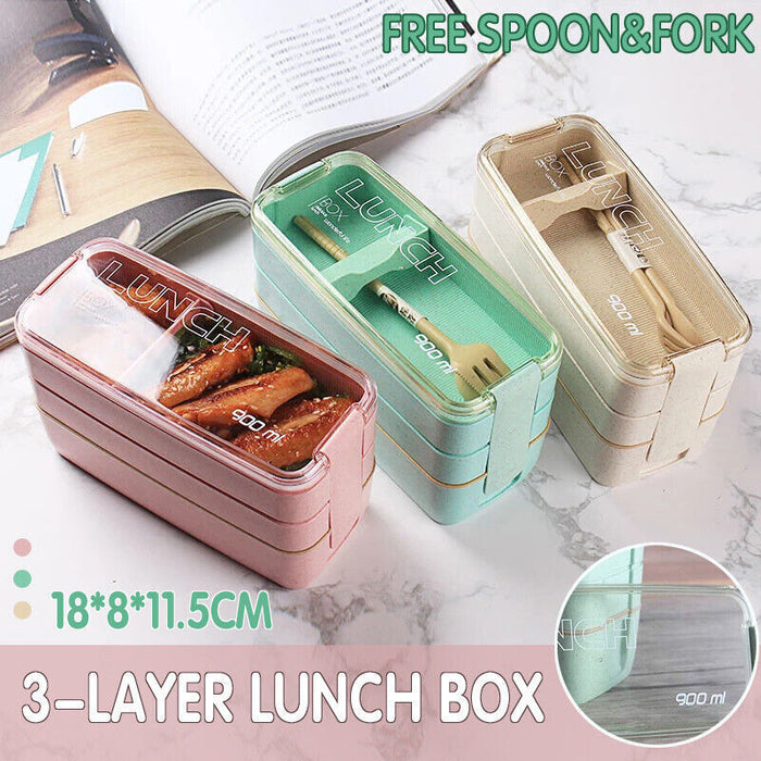 Wheat Straw 3 Layer Lunch Box 900ml With Cutlery
