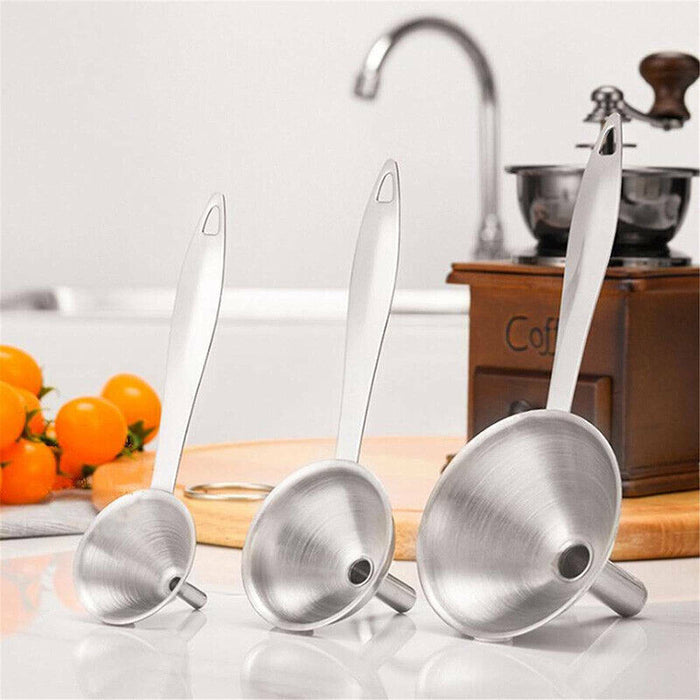 3PCS Stainless Steel Funnel Set with Handle Wide Mouth Liquid Filter Kitchen Tool