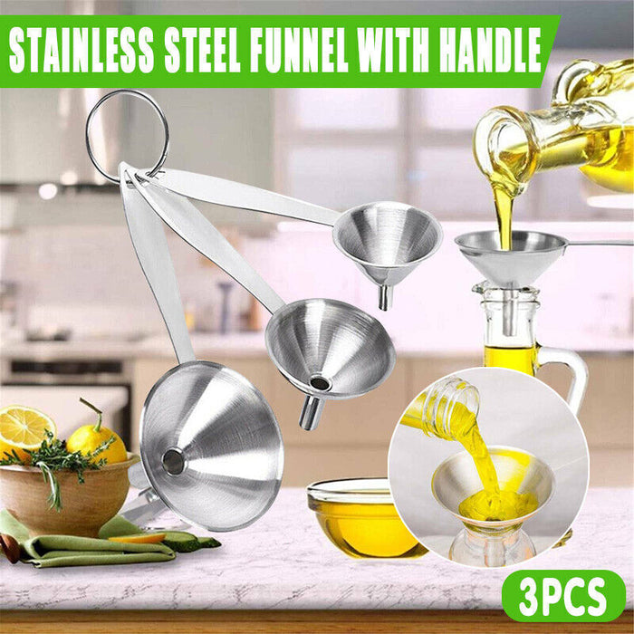 3PCS Stainless Steel Funnel Set with Handle Wide Mouth Liquid Filter Kitchen Tool