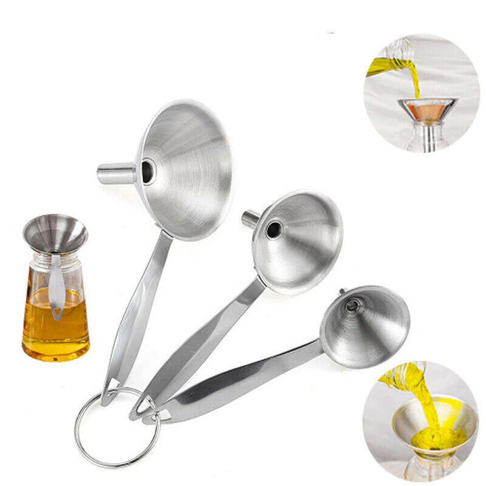 3PCS Stainless Steel Funnel Set with Handle Wide Mouth Liquid Filter Kitchen Tool