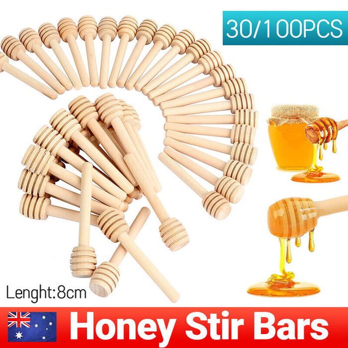 30Pcs Wooden Honey Dippers Deep Grooves Food-Safe