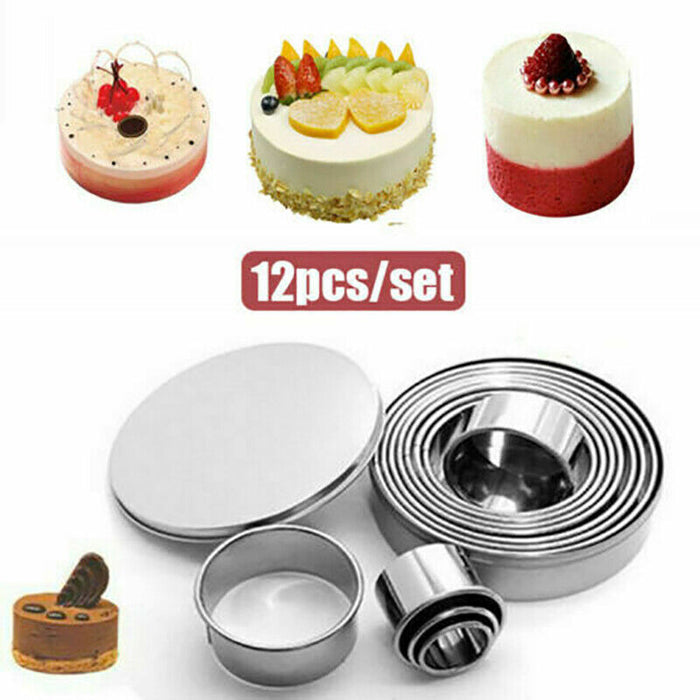 12 Pcs Round Cookie Cutters Stainless Steel Silver Set