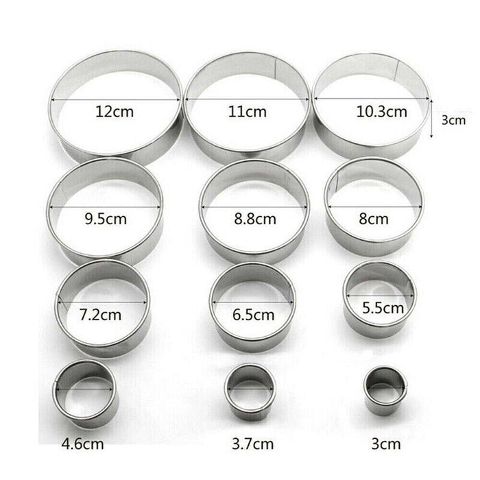 12 Pcs Round Cookie Cutters Stainless Steel Silver Set