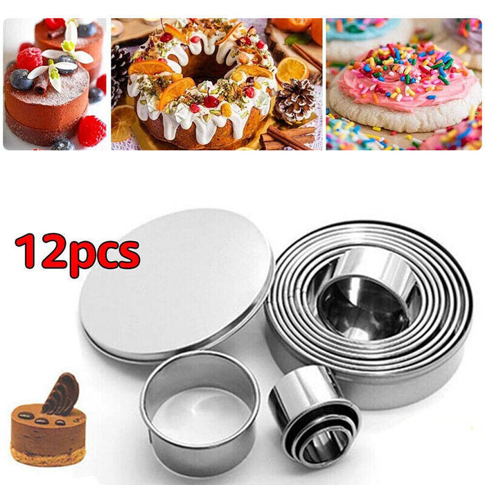 12 Pcs Round Cookie Cutters Stainless Steel Silver Set