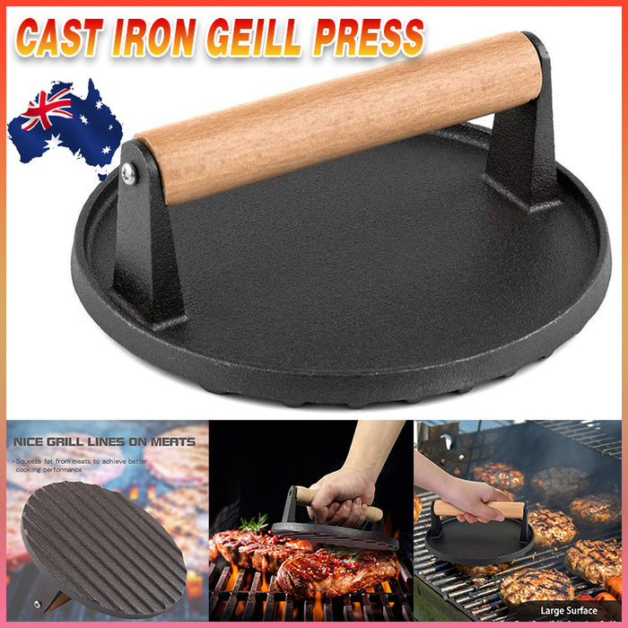Cast Iron Burger Press with Wooden Handle, Even Heat Distribution for Searing