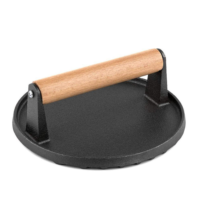Cast Iron Burger Press with Wooden Handle, Even Heat Distribution for Searing