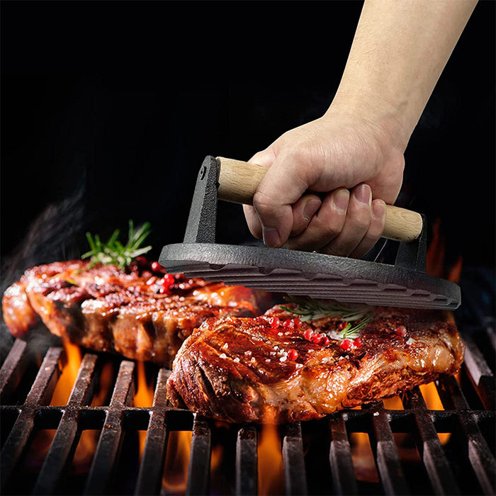 Cast Iron Burger Press with Wooden Handle, Even Heat Distribution for Searing