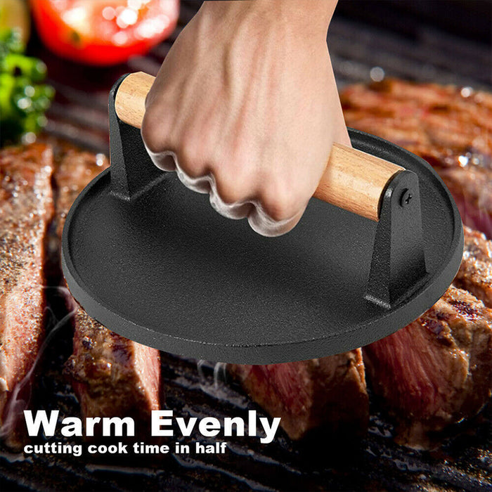 Cast Iron Burger Press with Wooden Handle, Even Heat Distribution for Searing