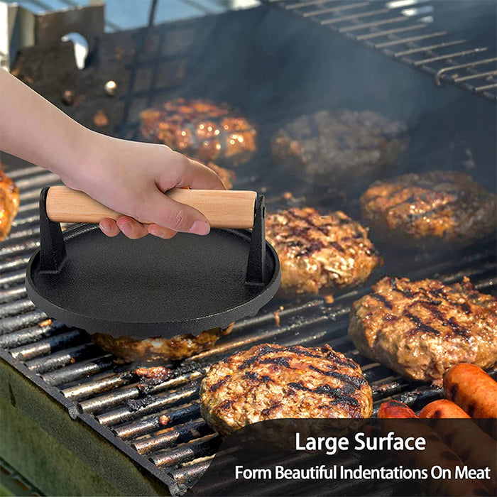 Cast Iron Burger Press with Wooden Handle, Even Heat Distribution for Searing