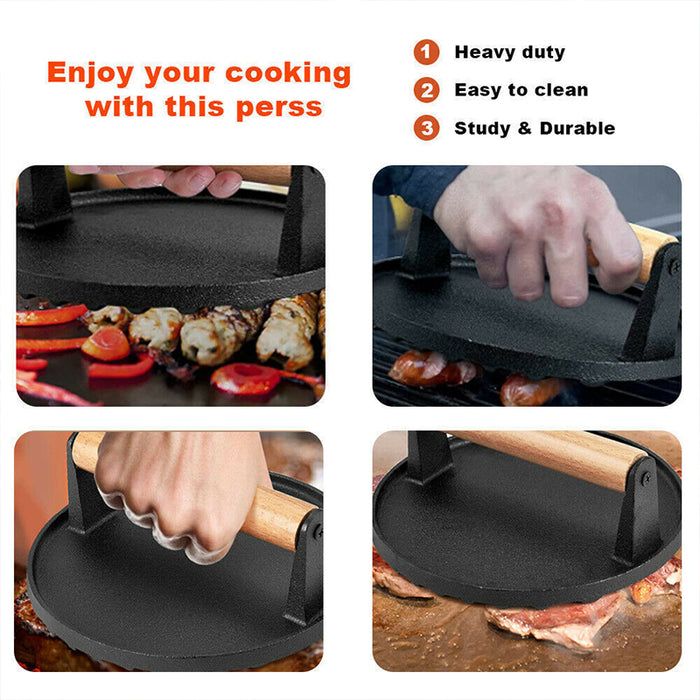 Cast Iron Burger Press with Wooden Handle, Even Heat Distribution for Searing