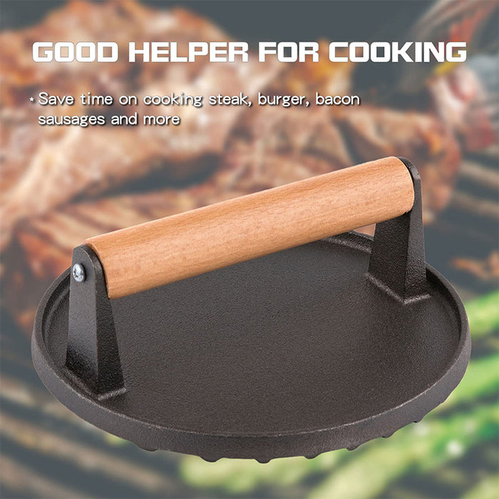Cast Iron Burger Press with Wooden Handle, Even Heat Distribution for Searing