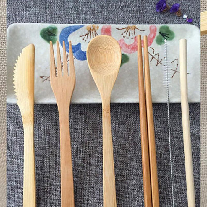 7 Pcs Reusable Bamboo Cutlery Set for Camping with Pouch