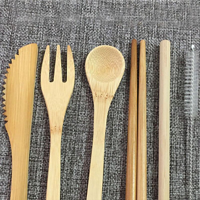 7 Pcs Reusable Bamboo Cutlery Set for Camping with Pouch