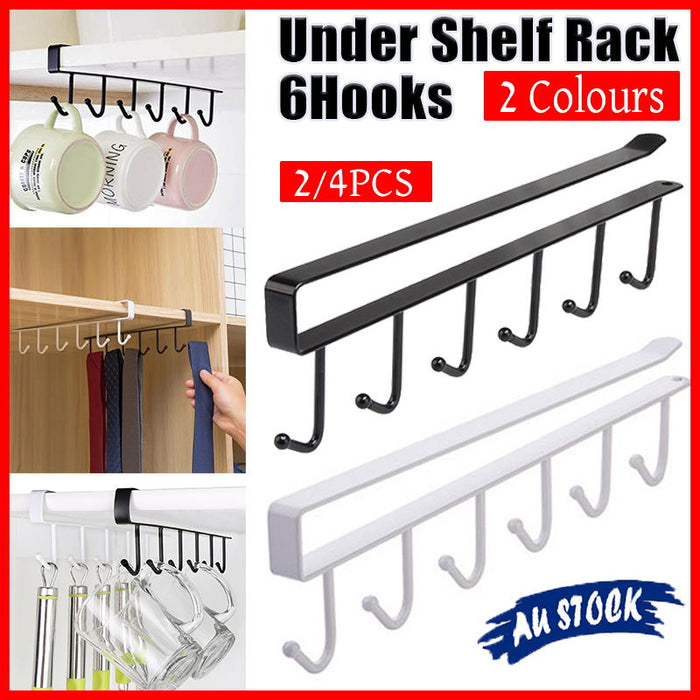 2/4 Pcs Under Shelf Hanging Rack 6 Hooks Premium Iron