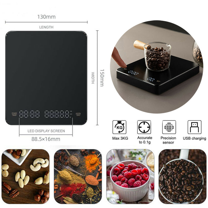 Coffee Scale with Timer 0.1g Accuracy Type C Rechargeable 3kg