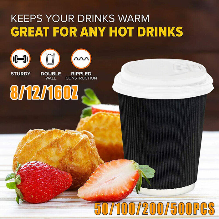50pcs Triple Wall Black Coffee Cups with Lids 8oz 12oz 16oz