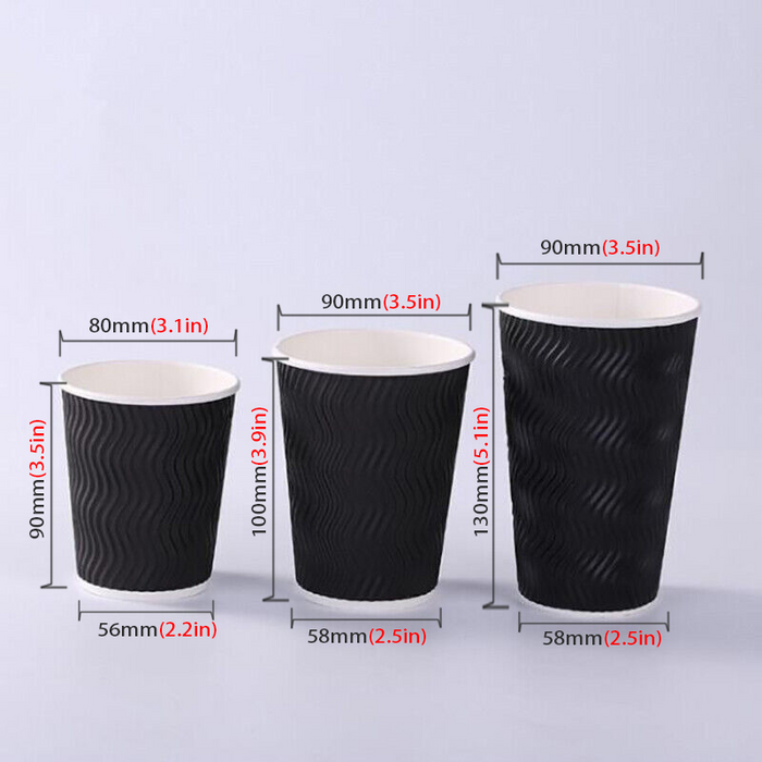 50pcs Triple Wall Black Coffee Cups with Lids 8oz 12oz 16oz