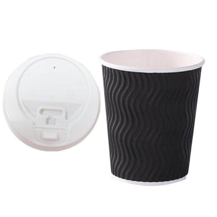 50pcs Triple Wall Black Coffee Cups with Lids 8oz 12oz 16oz