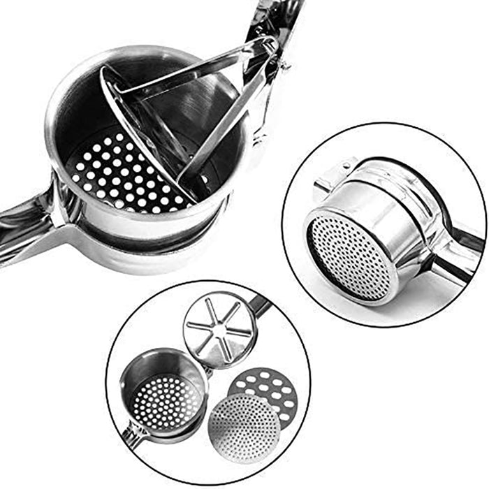 Stainless Steel Potato Ricer with 3 Interchangeable Discs and Ergonomic Handle