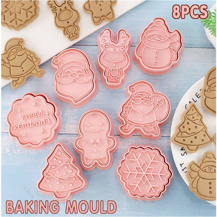 8Pcs Christmas Cartoon Cookie Cutter Pink PP Mould
