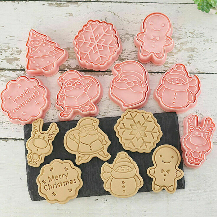 8Pcs Christmas Cartoon Cookie Cutter Pink PP Mould