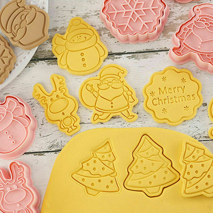 8Pcs Christmas Cartoon Cookie Cutter Pink PP Mould