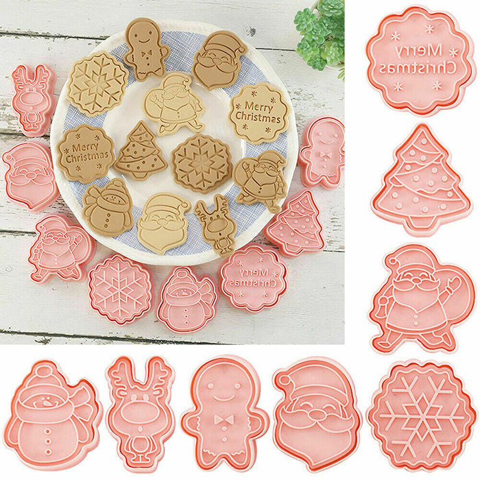 8Pcs Christmas Cartoon Cookie Cutter Pink PP Mould