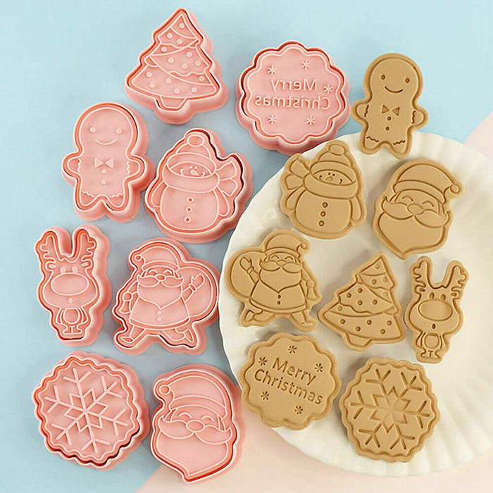 8Pcs Christmas Cartoon Cookie Cutter Pink PP Mould